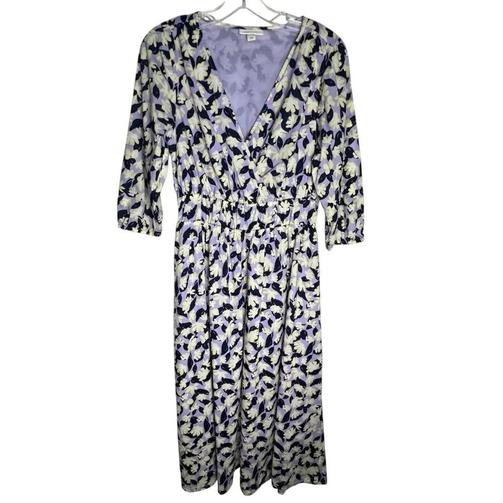 ON 34 Purple Cream White 3/4 Sleeve Floral Romantic Fairy Spring Midi Dress Sz 6